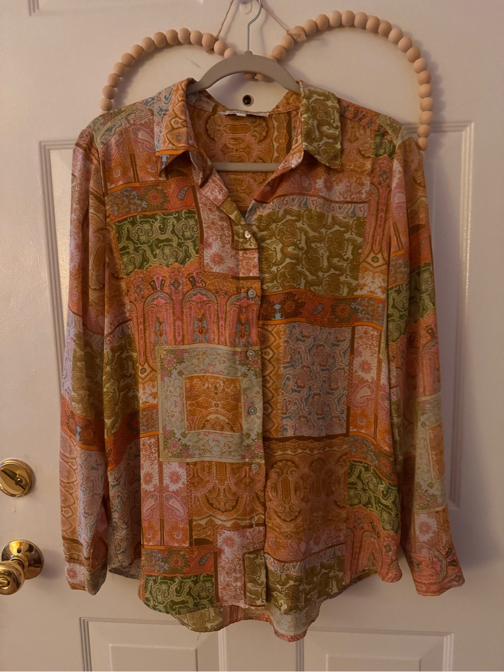 Women’s large Casual Print Button-Up Shirt - Multicolor Rose & Olive
